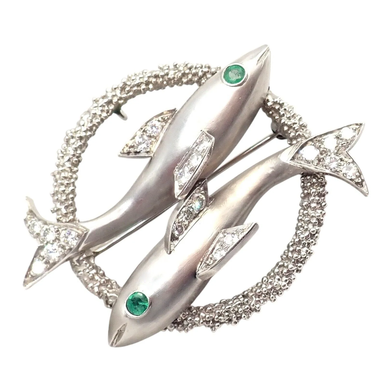 Cartier 18k White Gold Platinum Diamond Emerald Zodiac Pisces Fish Brooch Pin