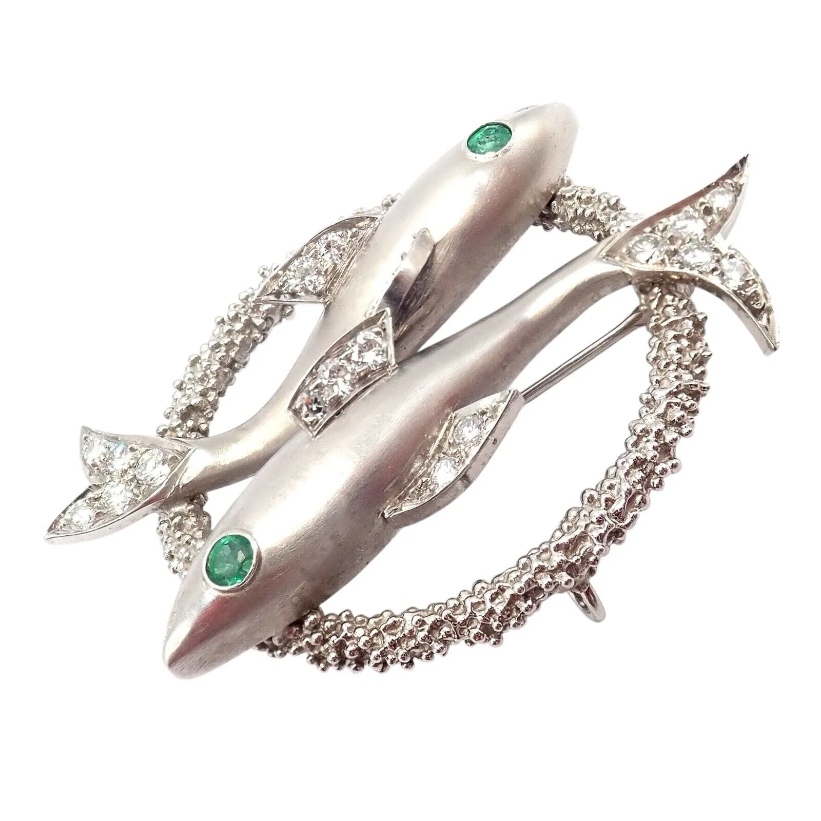 Cartier 18k White Gold Platinum Diamond Emerald Zodiac Pisces Fish Brooch Pin