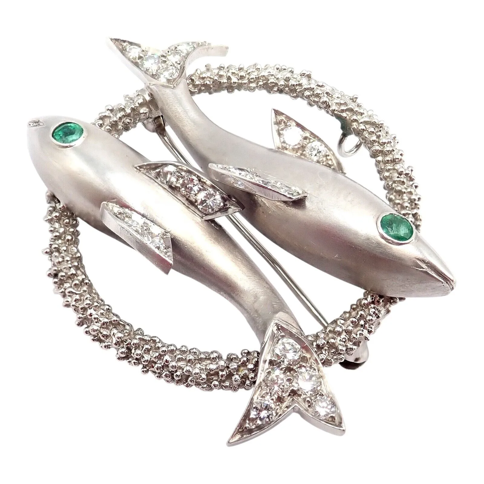 Cartier 18k White Gold Platinum Diamond Emerald Zodiac Pisces Fish Brooch Pin