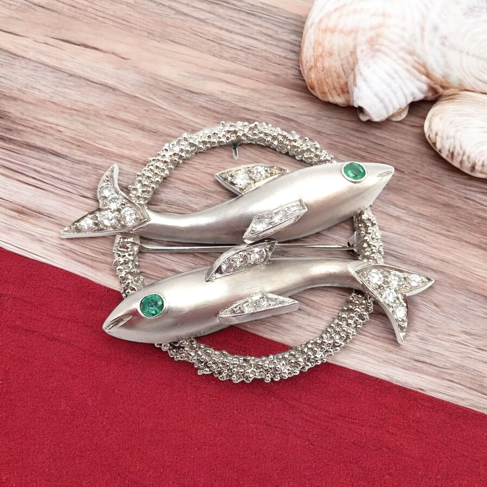 Cartier 18k White Gold Platinum Diamond Emerald Zodiac Pisces Fish Brooch Pin
