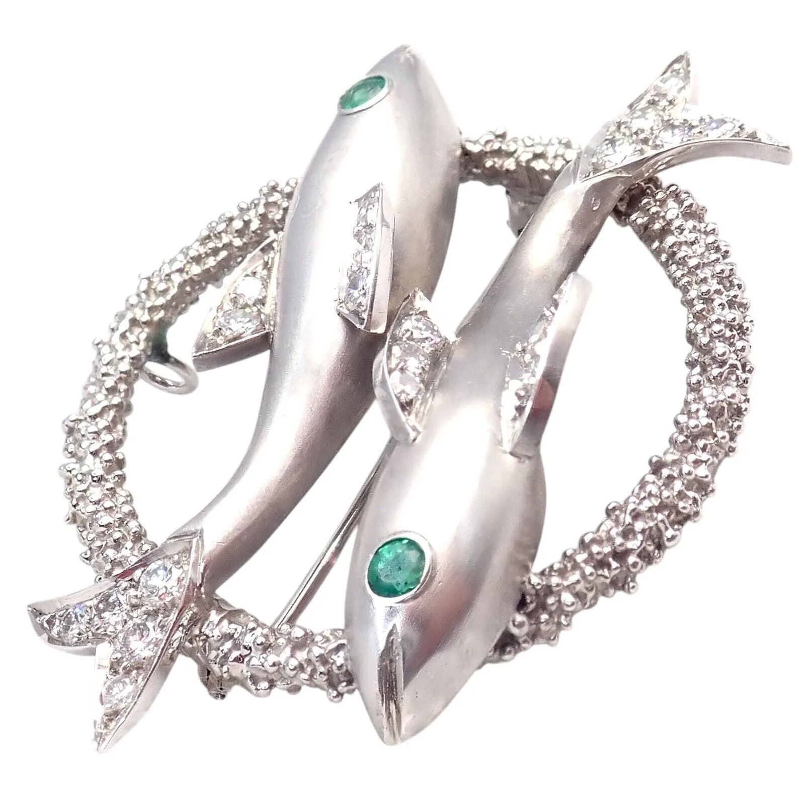 Cartier 18k White Gold Platinum Diamond Emerald Zodiac Pisces Fish Brooch Pin