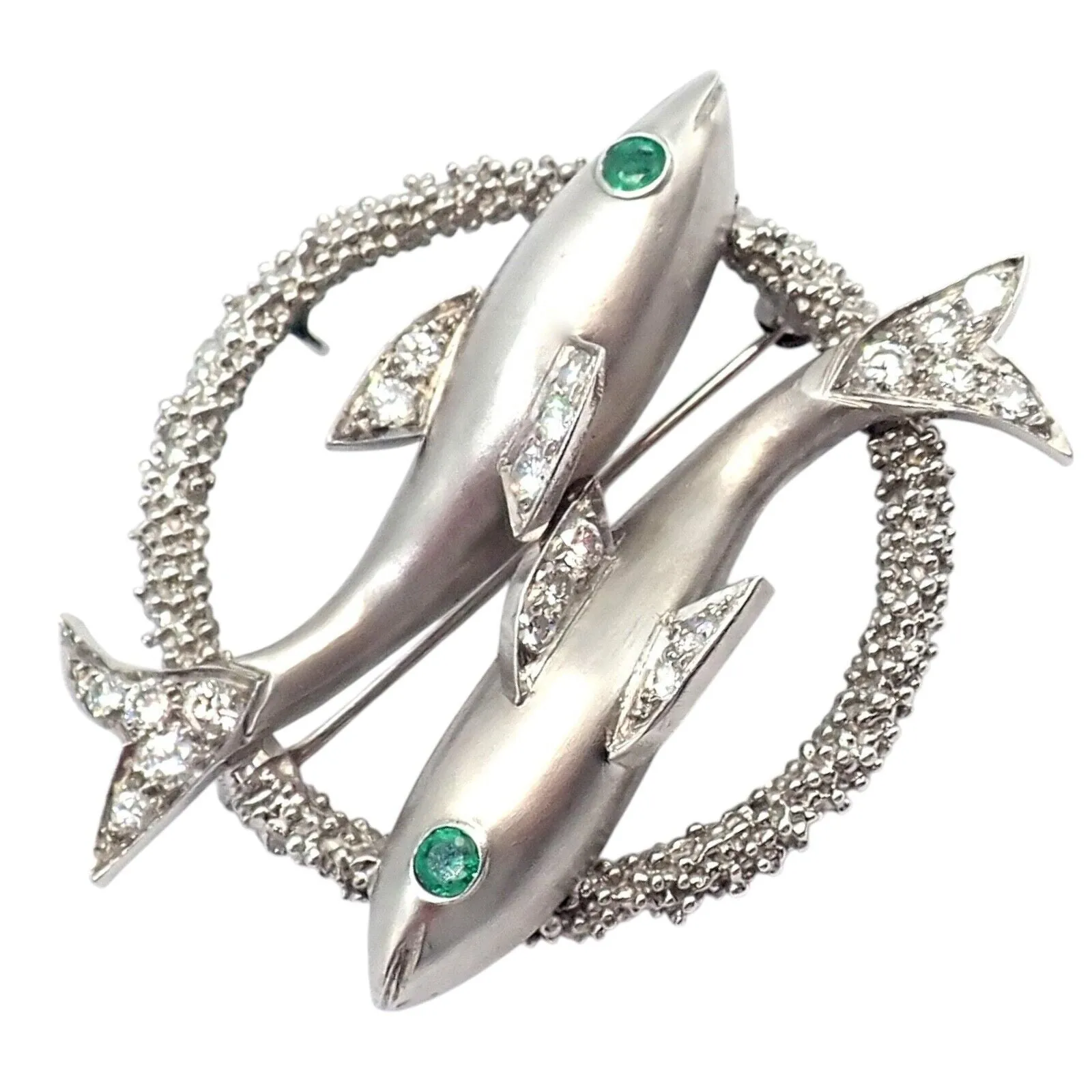 Cartier 18k White Gold Platinum Diamond Emerald Zodiac Pisces Fish Brooch Pin