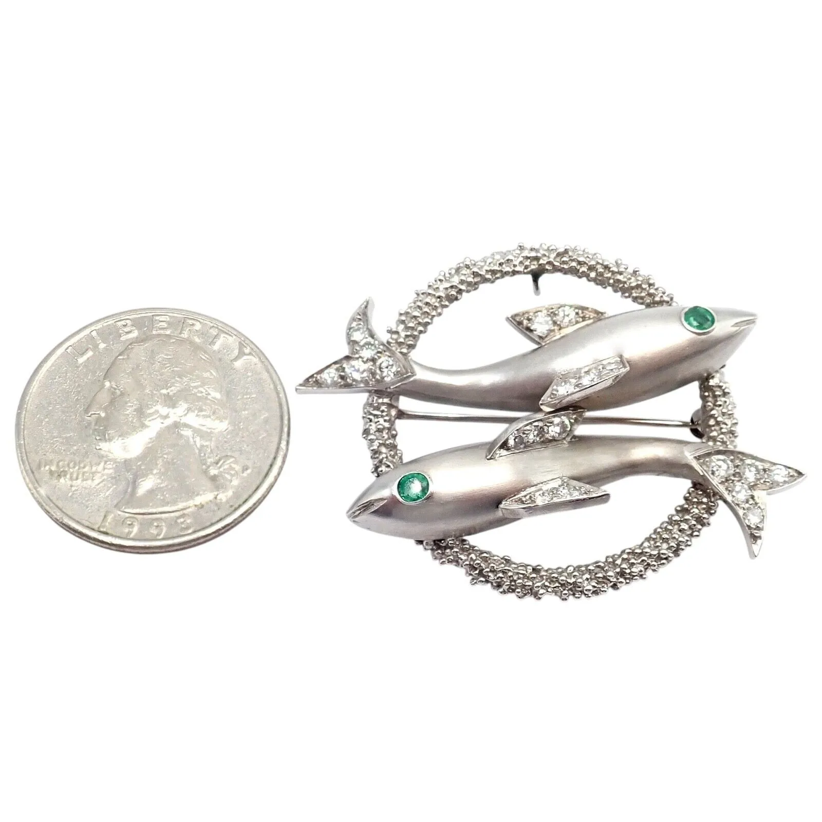 Cartier 18k White Gold Platinum Diamond Emerald Zodiac Pisces Fish Brooch Pin