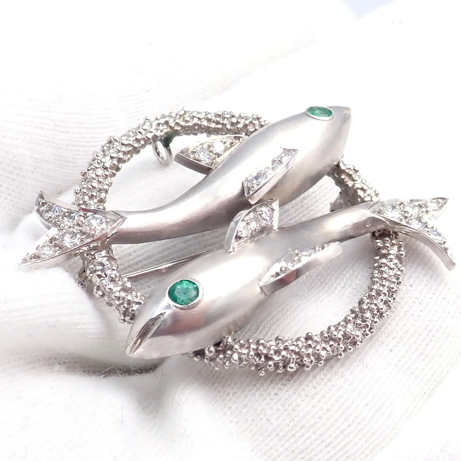 Cartier 18k White Gold Platinum Diamond Emerald Zodiac Pisces Fish Brooch Pin