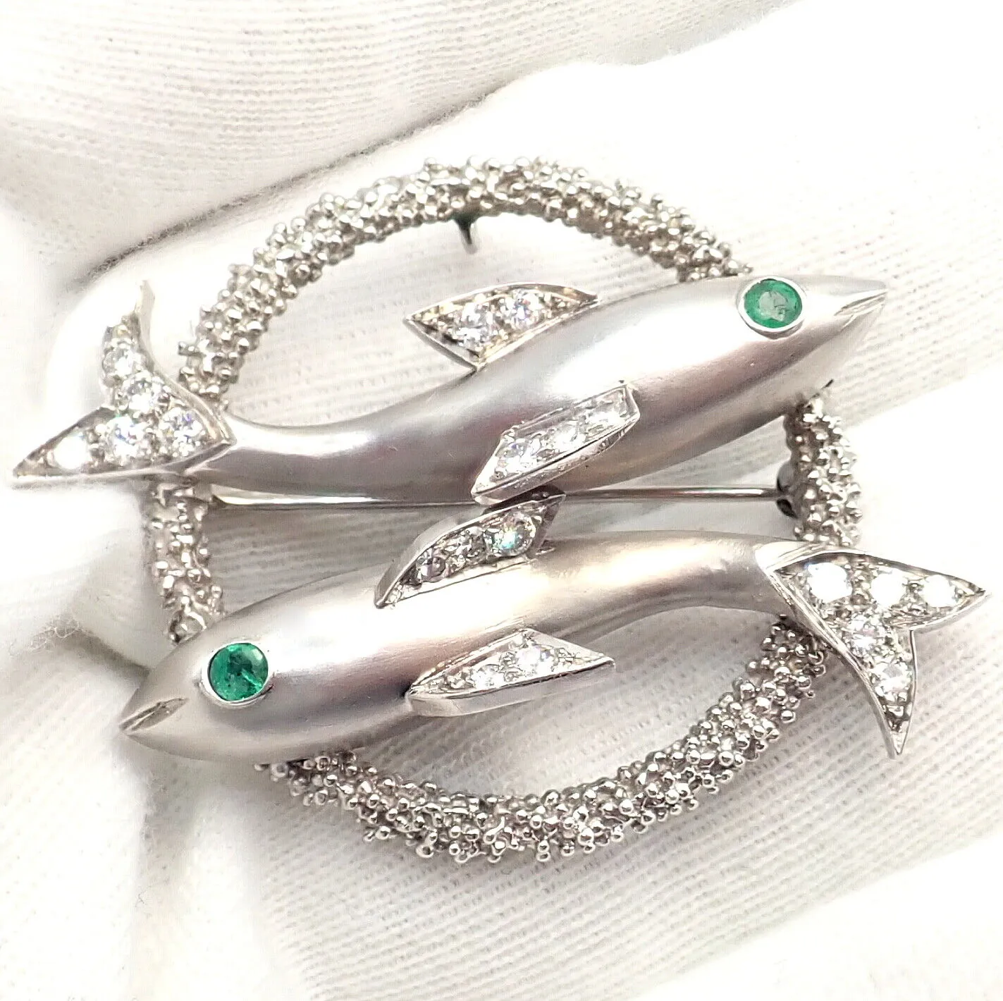 Cartier 18k White Gold Platinum Diamond Emerald Zodiac Pisces Fish Brooch Pin