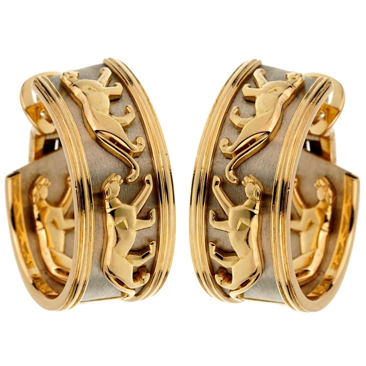 Cartier Vintage Walking Panthere 18k Yellow & White Gold Hoop Earrings