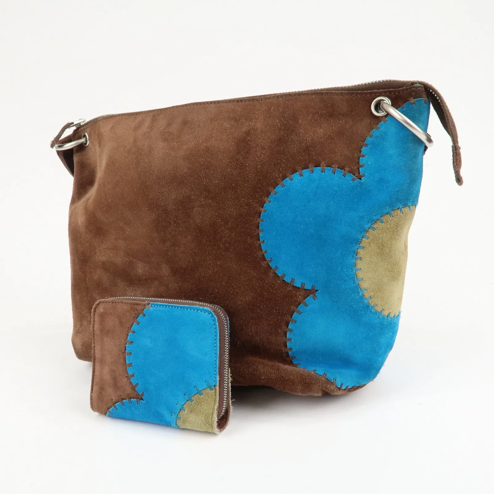 CELINE Suede Leather Shoulder Bag Macadam Engraved Flower Brown Used