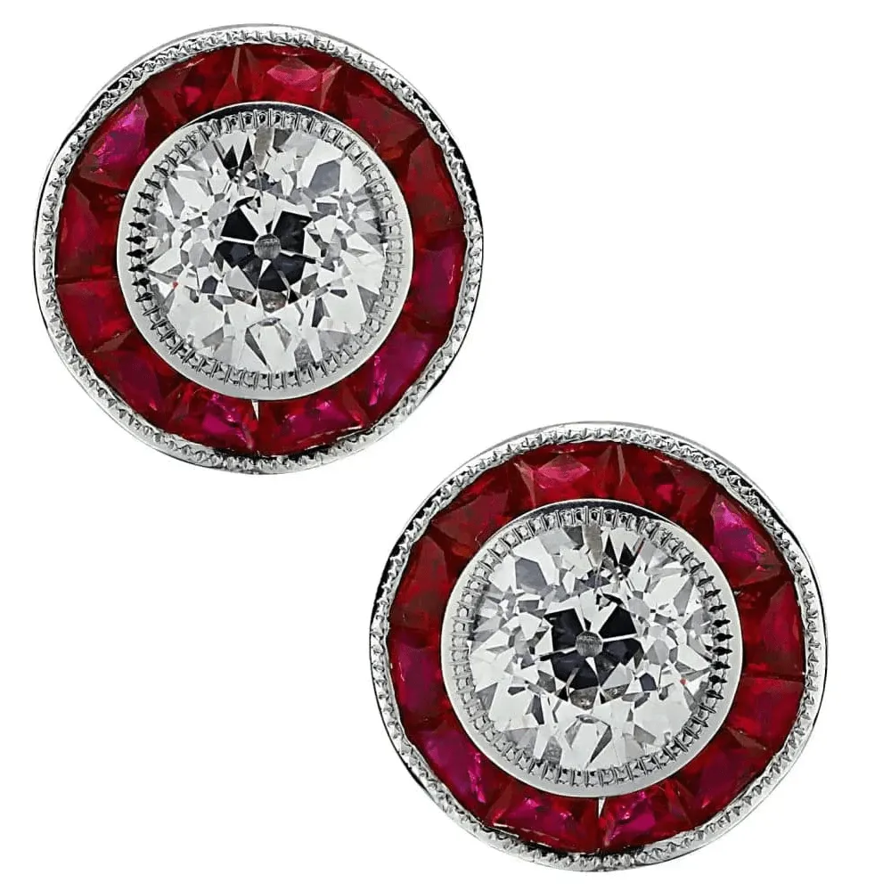 Contemporary Platinum Diamond & Ruby Earrings