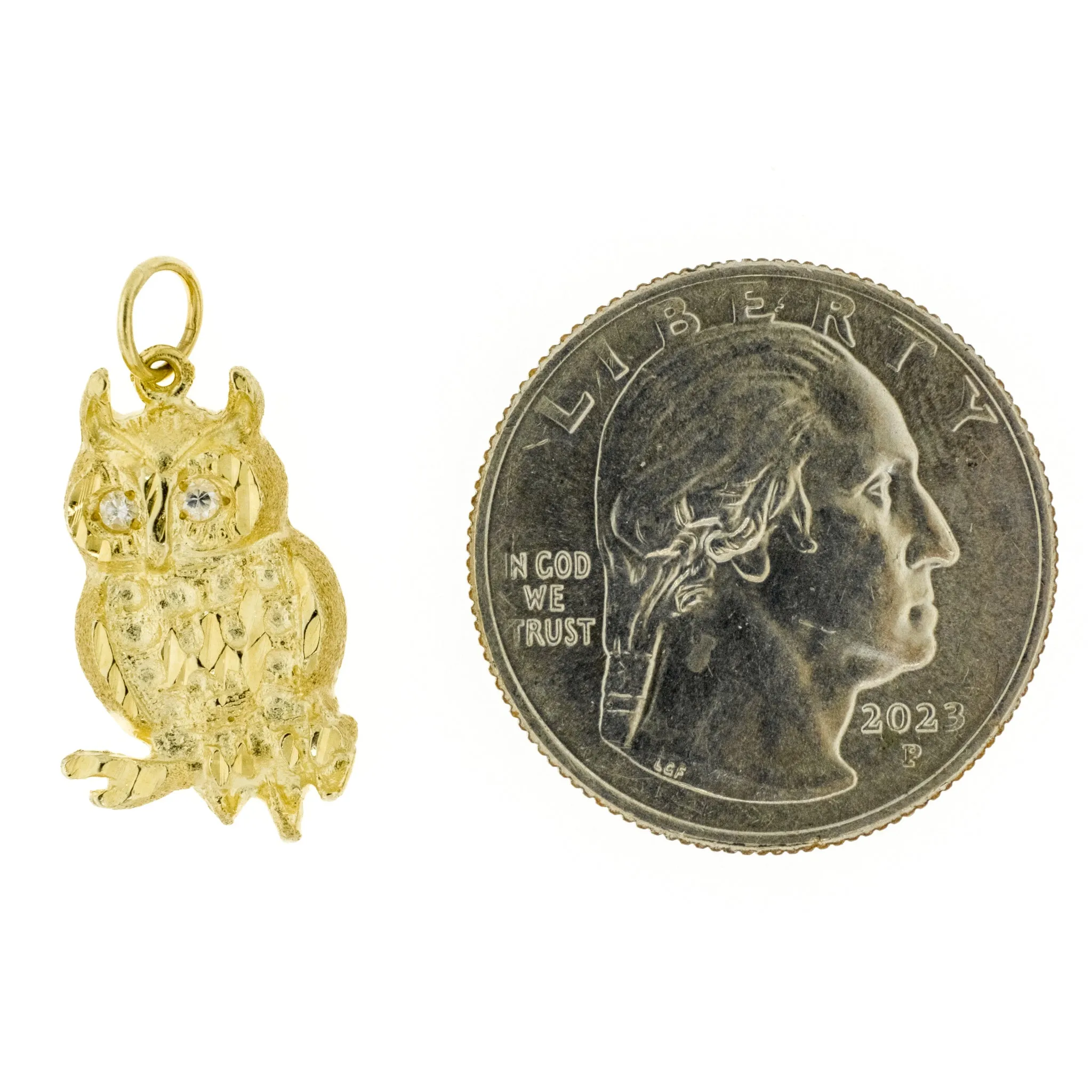 Diamond Accented Owl Pendant Charm in 14K Yellow Gold