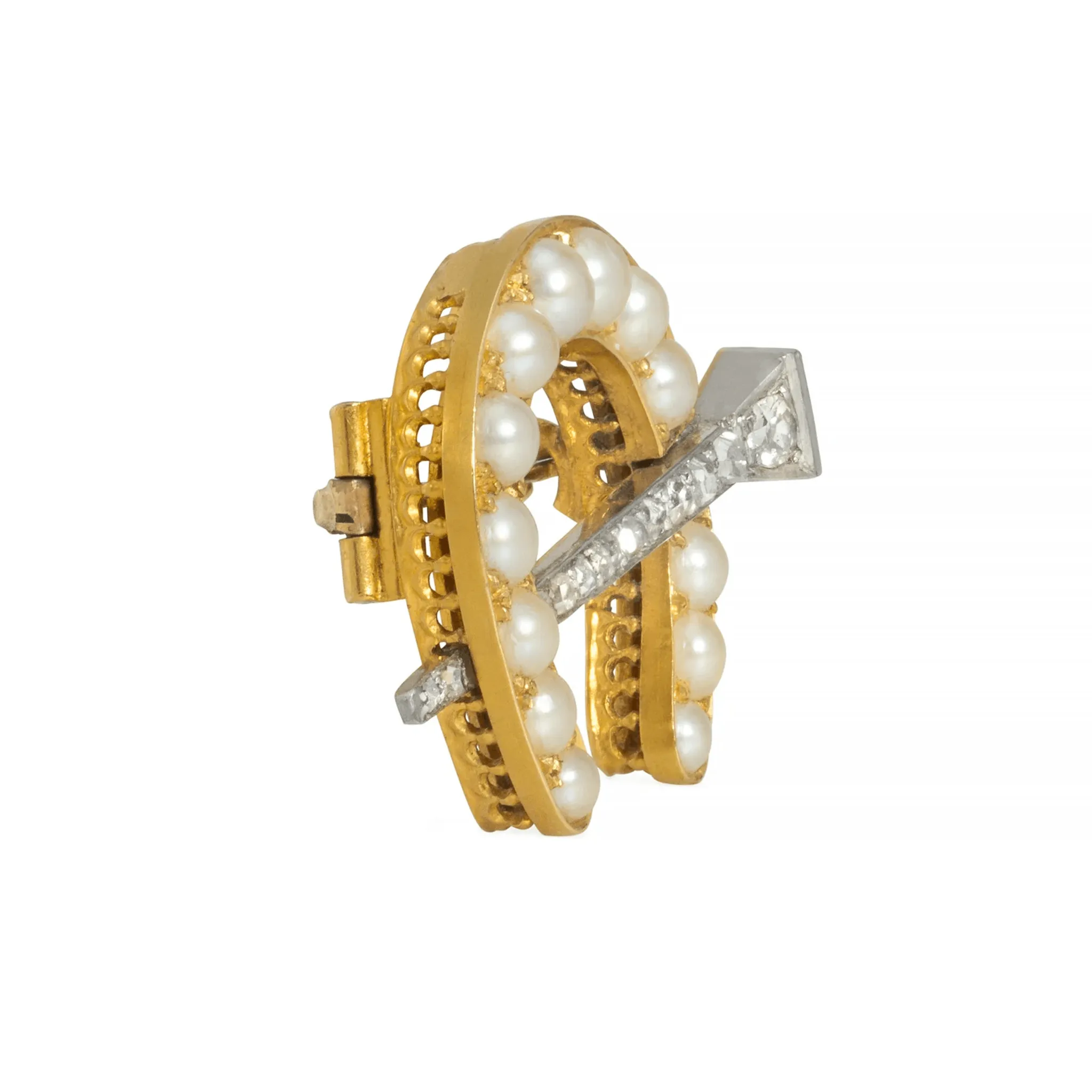 Edwardian Platinum & 18KT Yellow Gold Diamond & Natural Pearl Horseshoe Brooch / Pendant