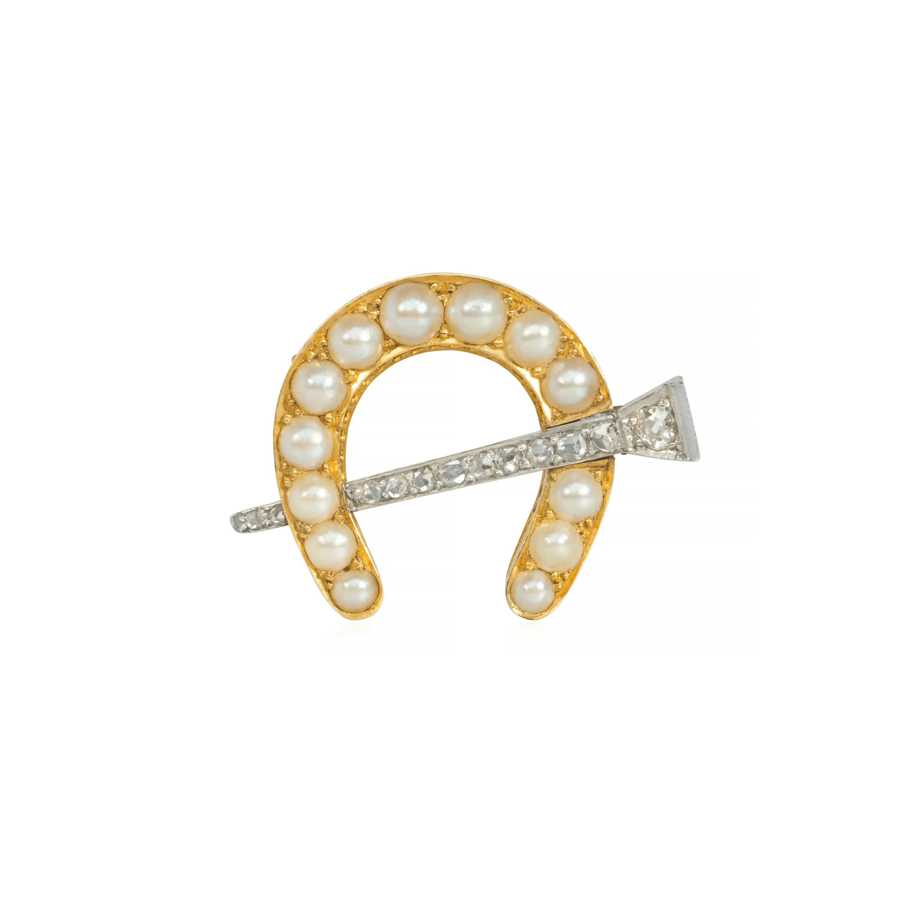 Edwardian Platinum & 18KT Yellow Gold Diamond & Natural Pearl Horseshoe Brooch / Pendant