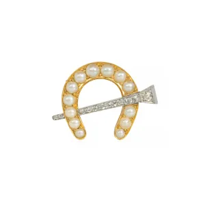 Edwardian Platinum & 18KT Yellow Gold Diamond & Natural Pearl Horseshoe Brooch / Pendant