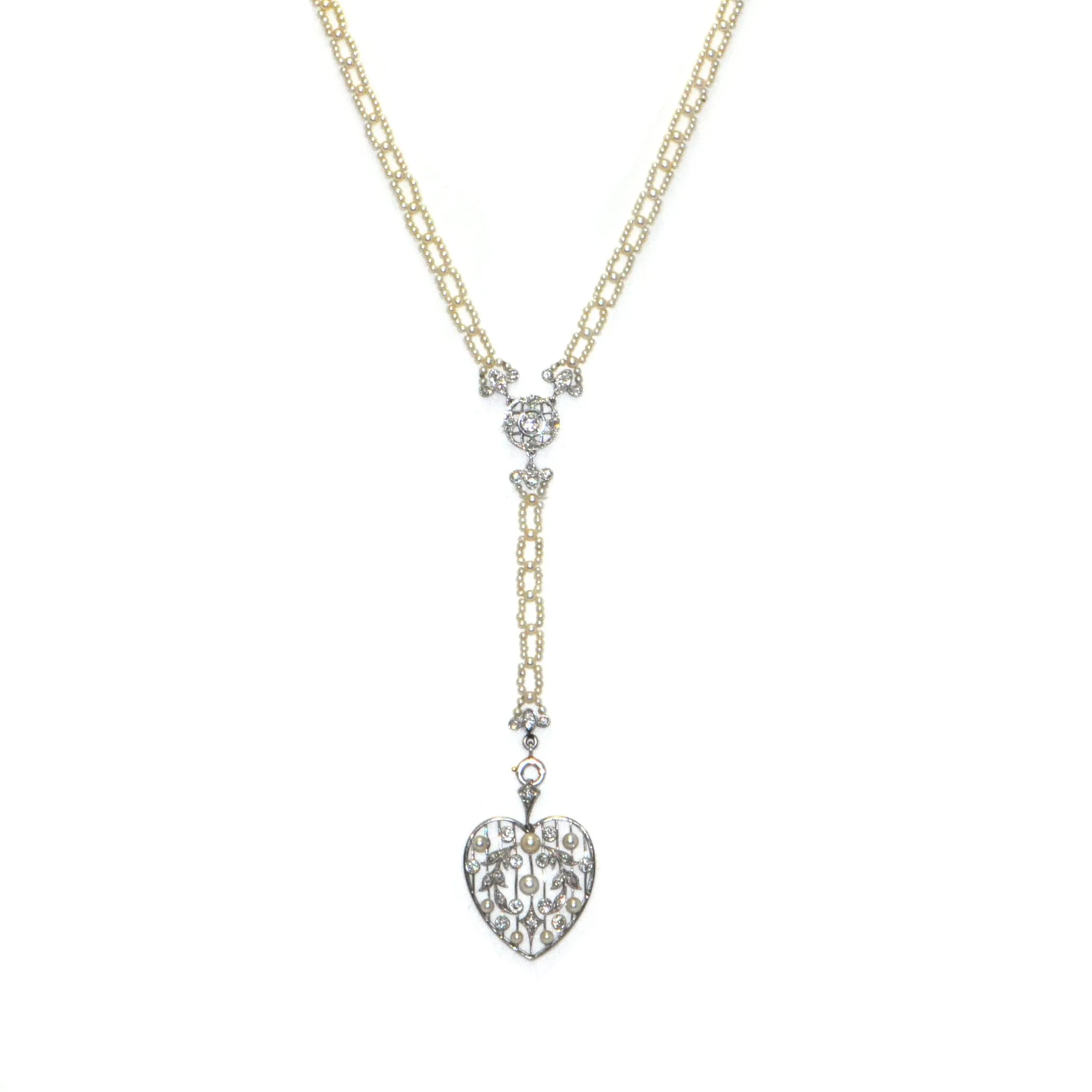 Edwardian Seed Pearl and Diamond Necklace with Detachable Heart Pendant C. 1900