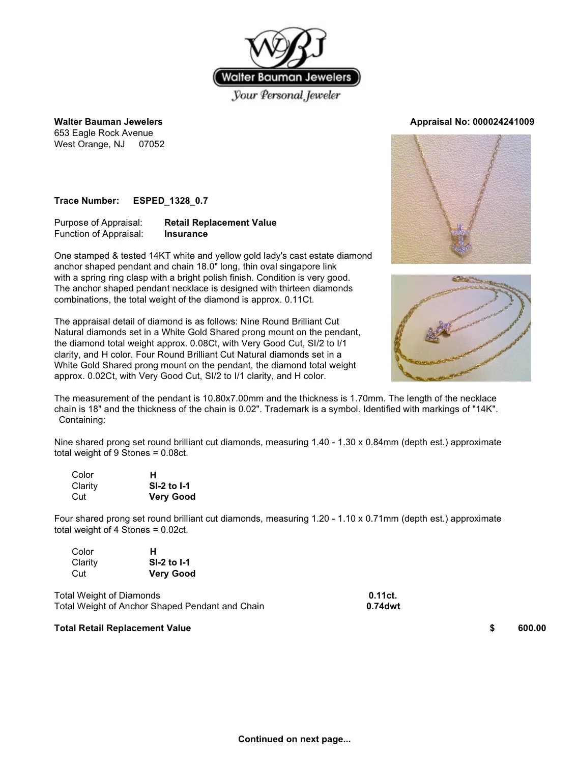 Estate 14K TT Gold 0.11ctw H/SI2-I1 Diamond Anchor Pendant