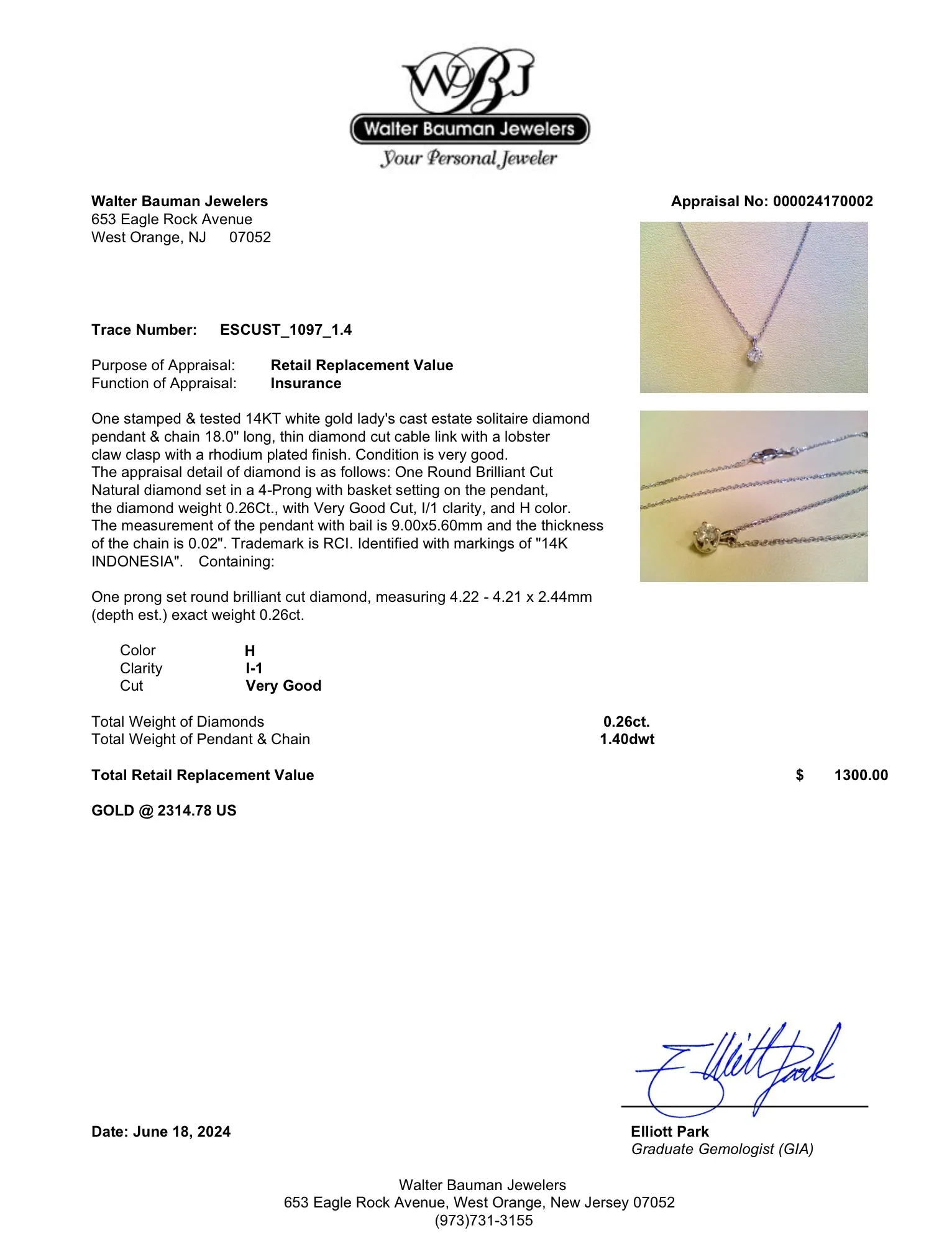 Estate 14K W Gold 0.26ct H/I1 Diamond Pendant