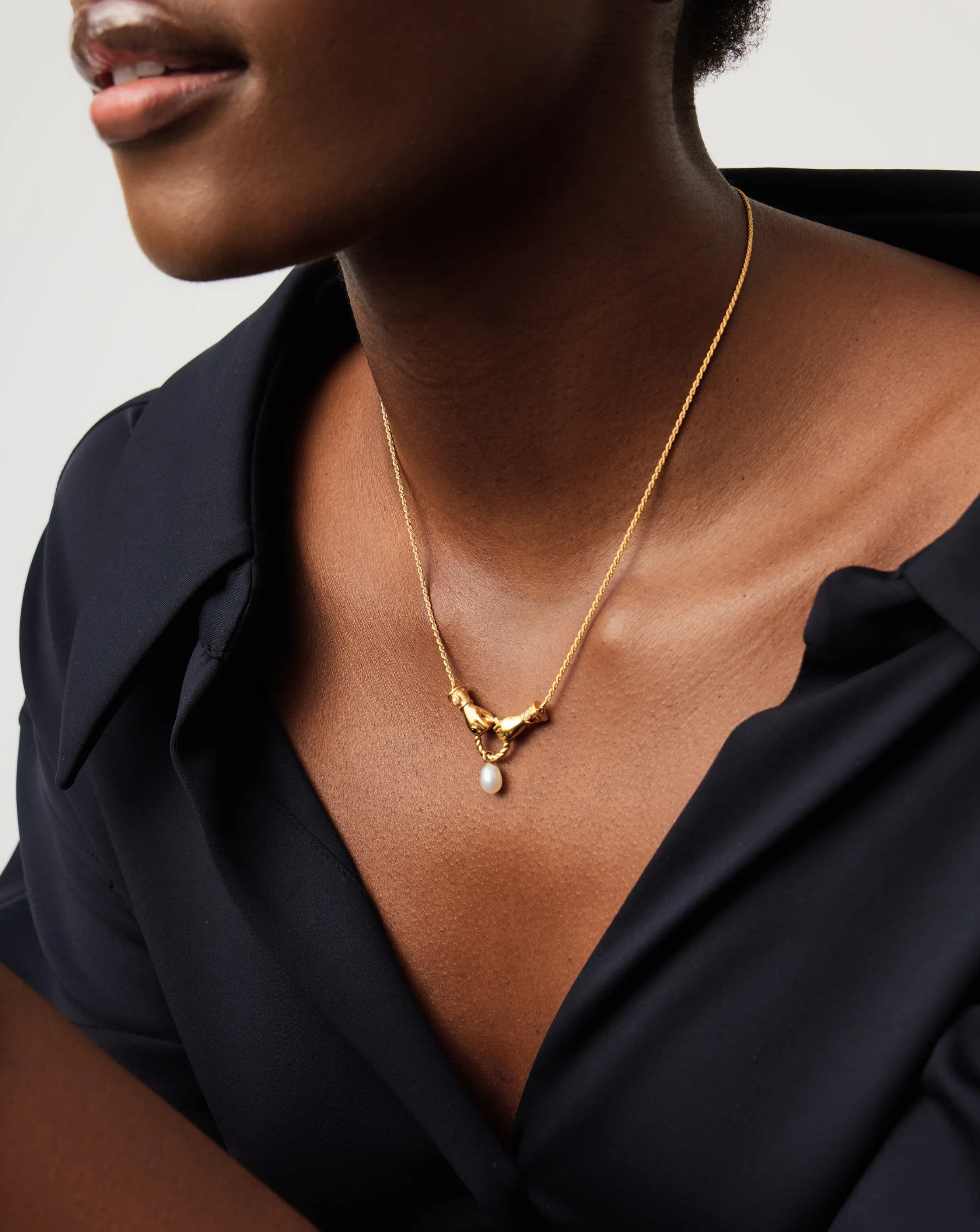Harris Reed In Good Hands Drop Pendant Necklace | 18k Gold Plated/Pearl & Black Onyx
