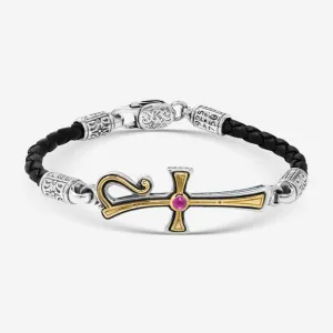 Konstantino Dome Sterling Silver & 18K Yellow Gold Corundum Leather Bracelet BKJ701-538-BLK
