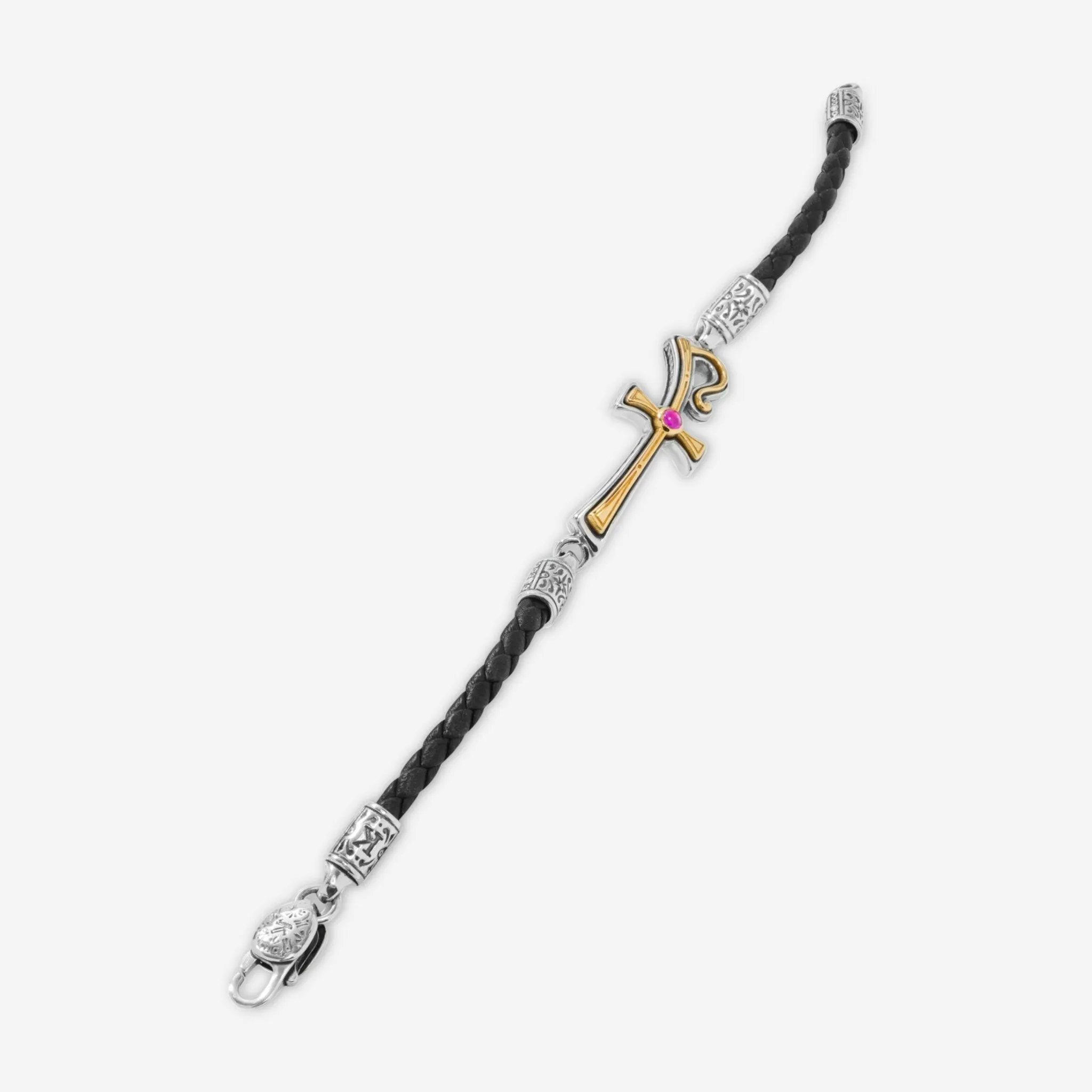 Konstantino Dome Sterling Silver & 18K Yellow Gold Corundum Leather Bracelet BKJ701-538-BLK