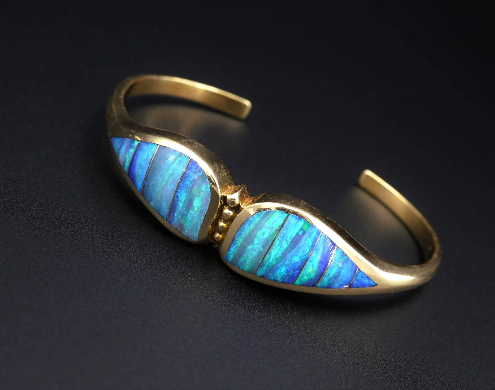 Natural Black Opal Inlay Cuff Bracelet Designer Lisa Mele 18k Gold BG717