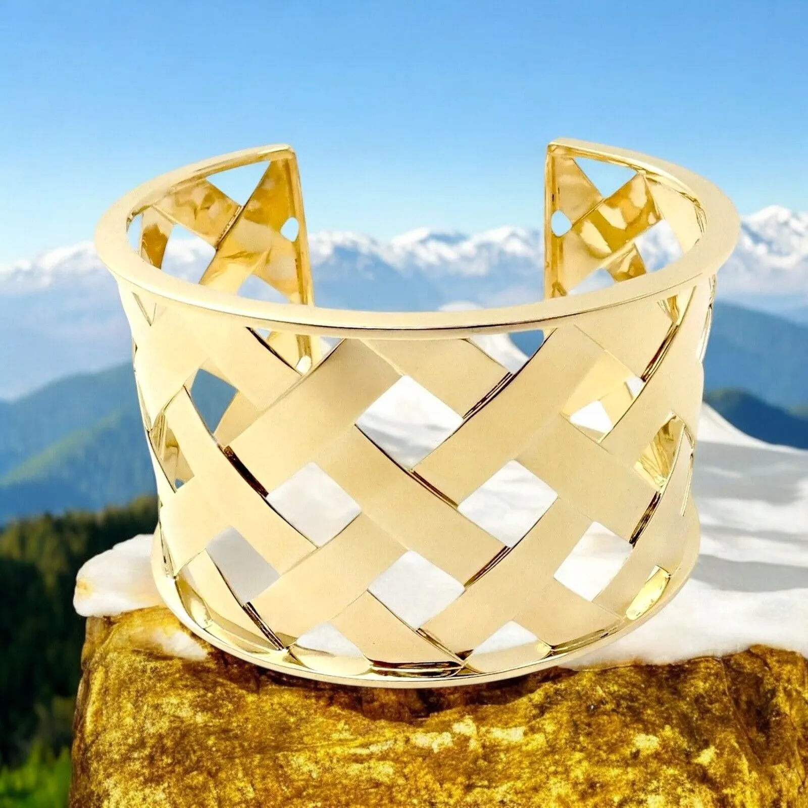 Rare! Authentic Verdura 18k Yellow Gold Criss Cross Wide Cuff Bracelet