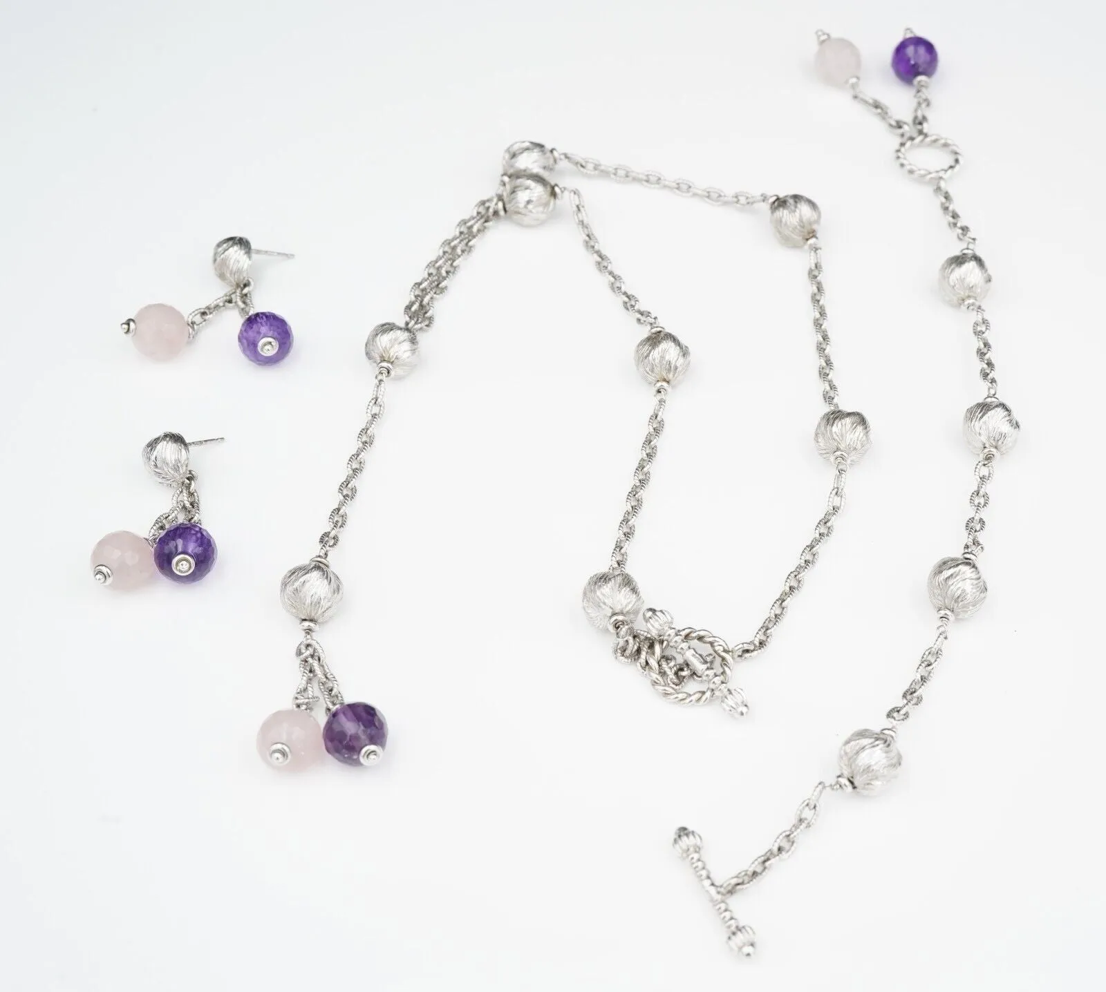 Roberto Coin Sterling Silver Amethyst Toggle Necklace Earrings Suite 18" NS2063