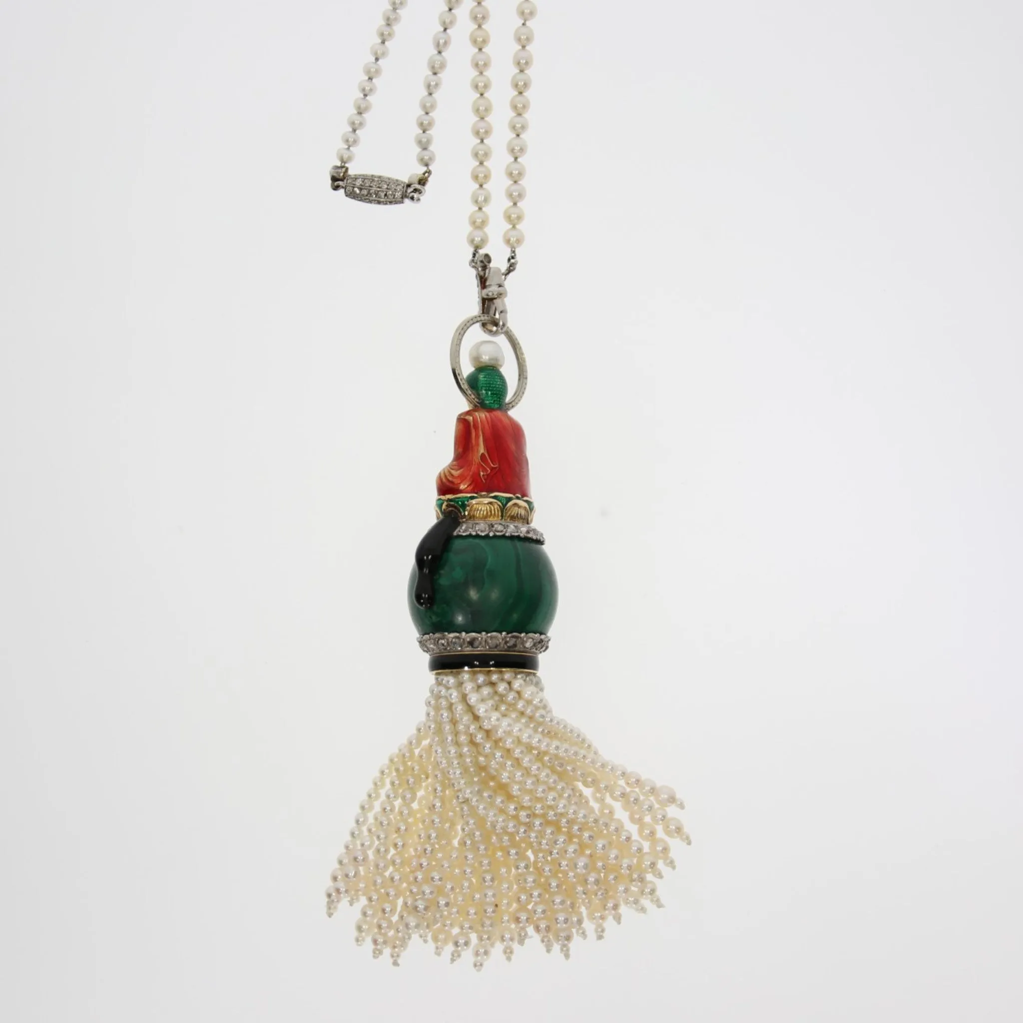 Sasportas Art Deco 18KT Yellow Gold Natural Pearl, Diamond, Enamel & Malachite Buddha Pendant Necklace