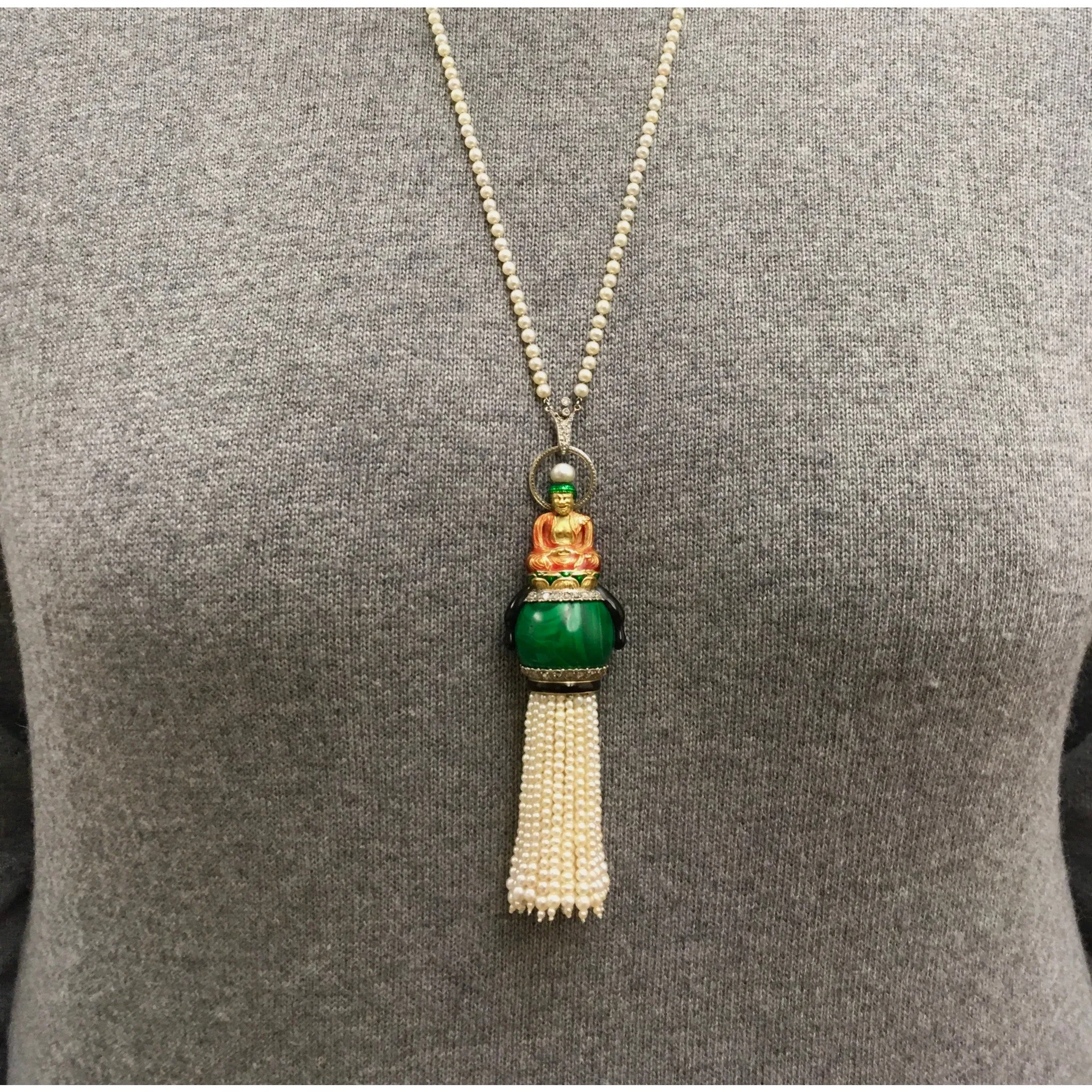 Sasportas Art Deco 18KT Yellow Gold Natural Pearl, Diamond, Enamel & Malachite Buddha Pendant Necklace