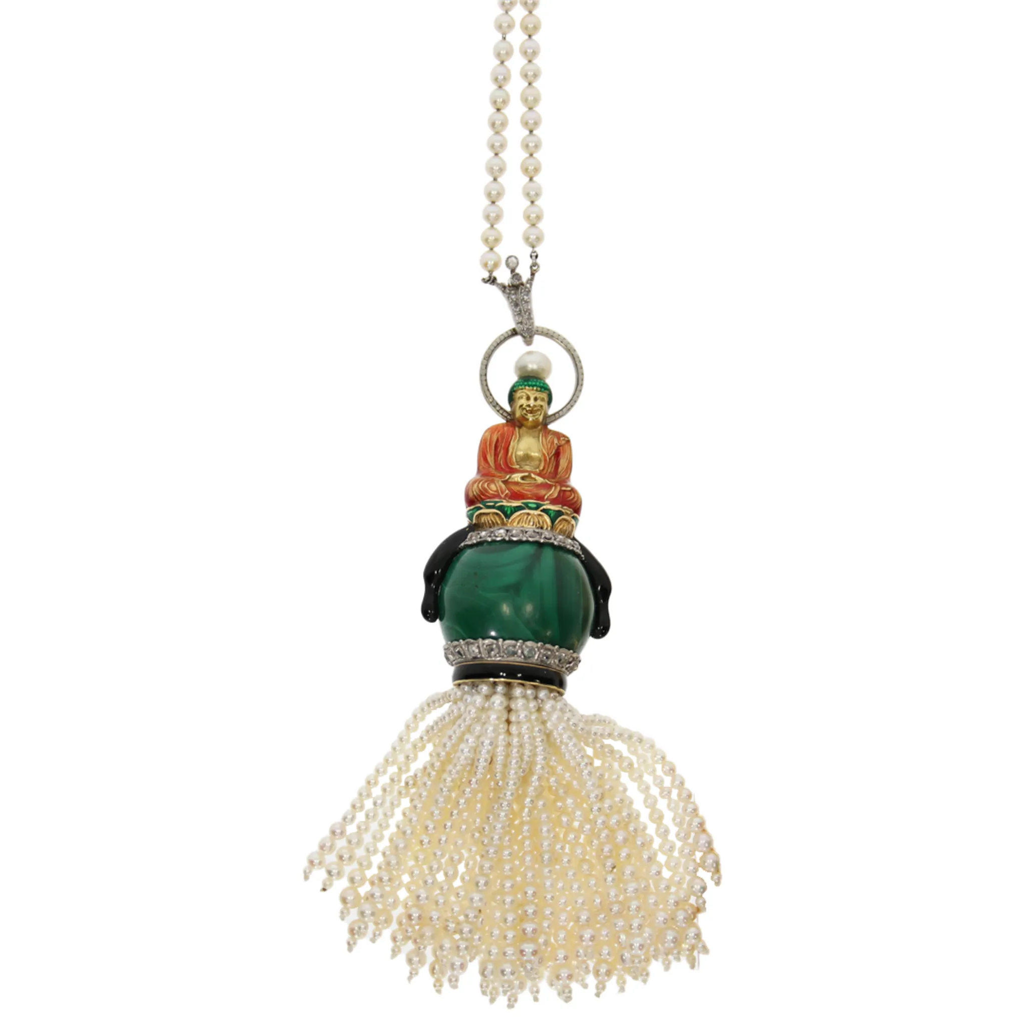 Sasportas Art Deco 18KT Yellow Gold Natural Pearl, Diamond, Enamel & Malachite Buddha Pendant Necklace