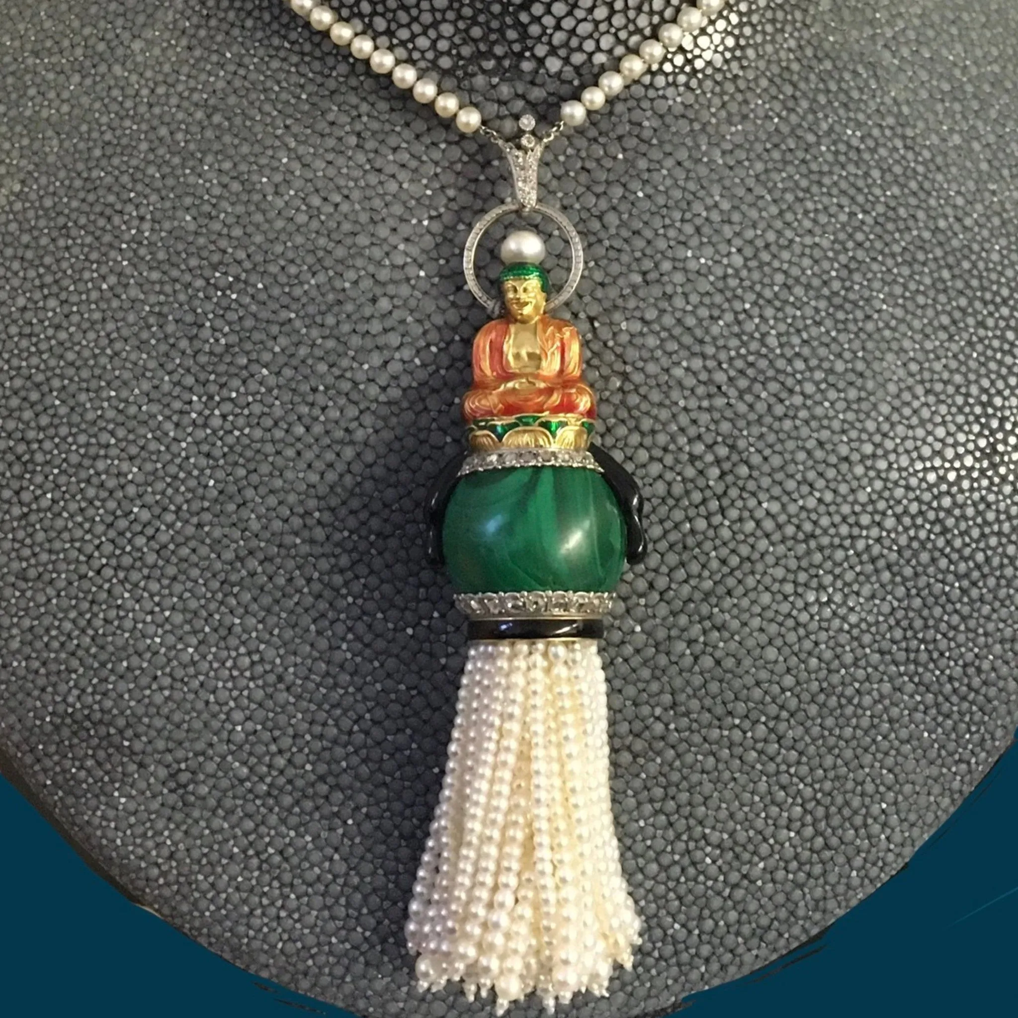 Sasportas Art Deco 18KT Yellow Gold Natural Pearl, Diamond, Enamel & Malachite Buddha Pendant Necklace