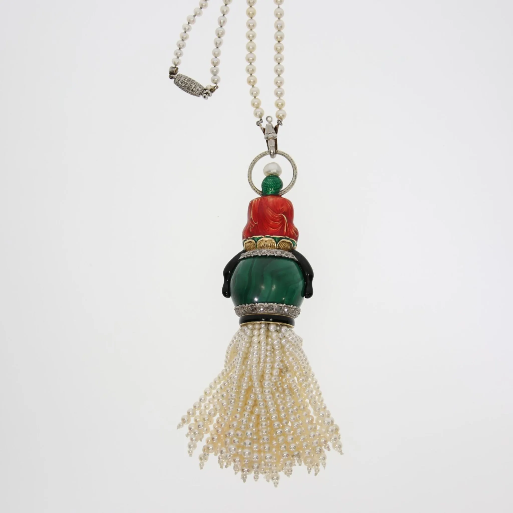 Sasportas Art Deco 18KT Yellow Gold Natural Pearl, Diamond, Enamel & Malachite Buddha Pendant Necklace