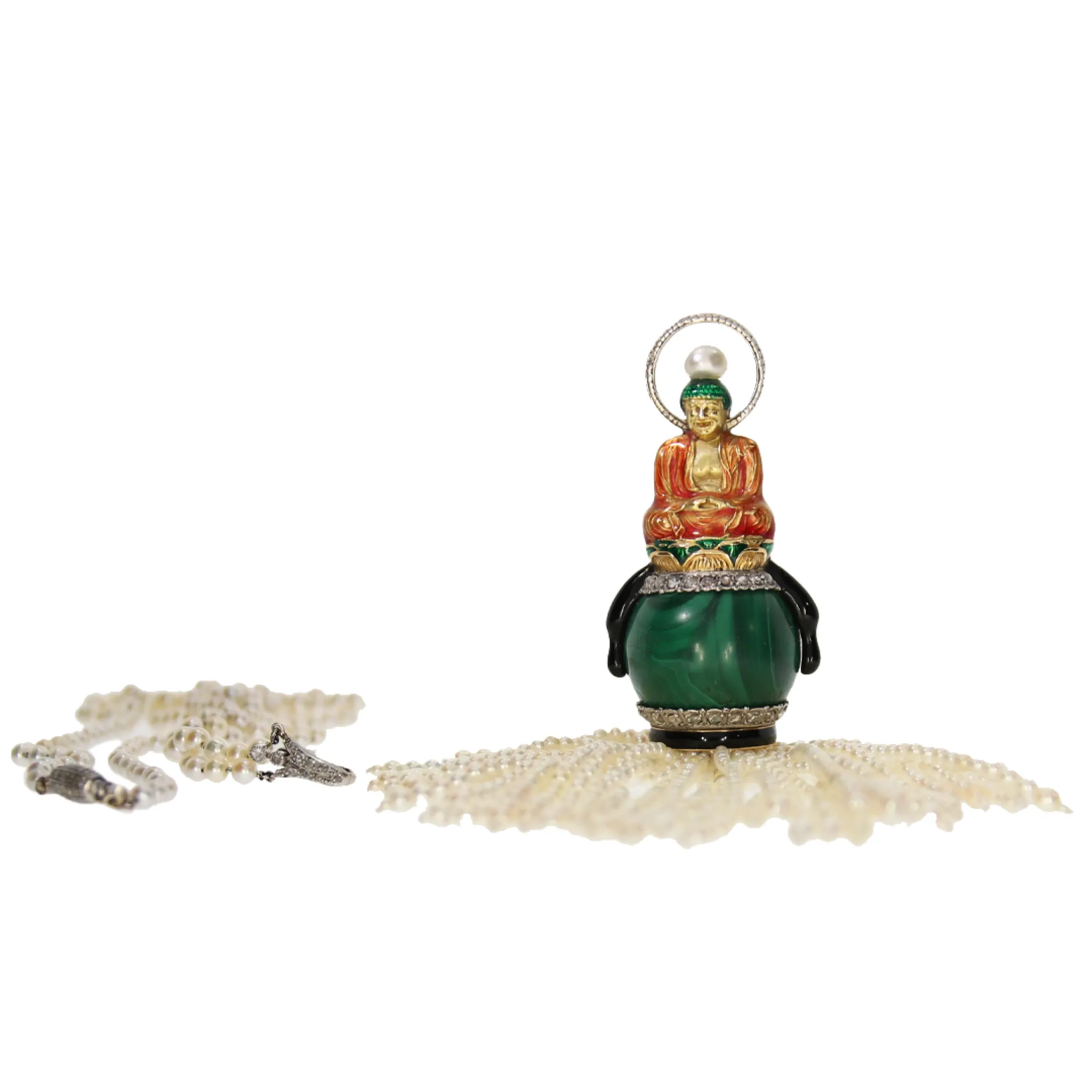 Sasportas Art Deco 18KT Yellow Gold Natural Pearl, Diamond, Enamel & Malachite Buddha Pendant Necklace