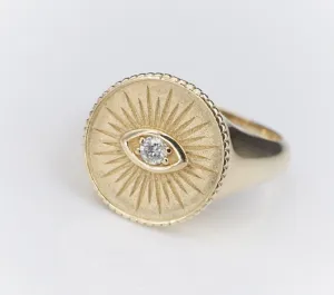 Sydney Evan 14k Yellow Gold Diamond Evil Eye Coin Signet Ring Size 6.75 RG3821