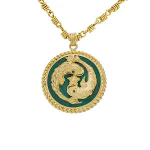 Van Cleef & Arpels French 1970s 18KT Yellow Gold Malachite, Diamond & Emerald Pisces Pendant Necklace