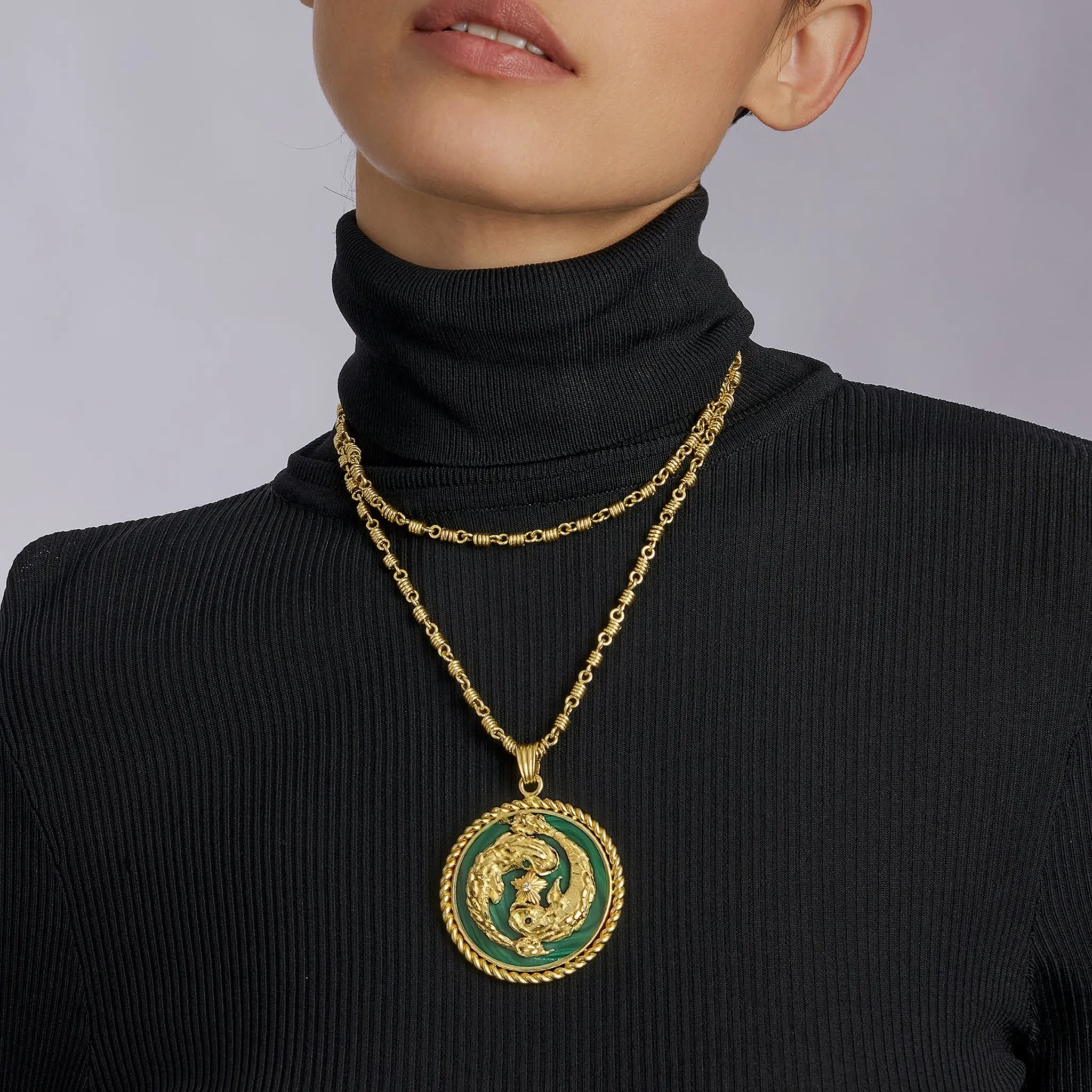 Van Cleef & Arpels French 1970s 18KT Yellow Gold Malachite, Diamond & Emerald Pisces Pendant Necklace