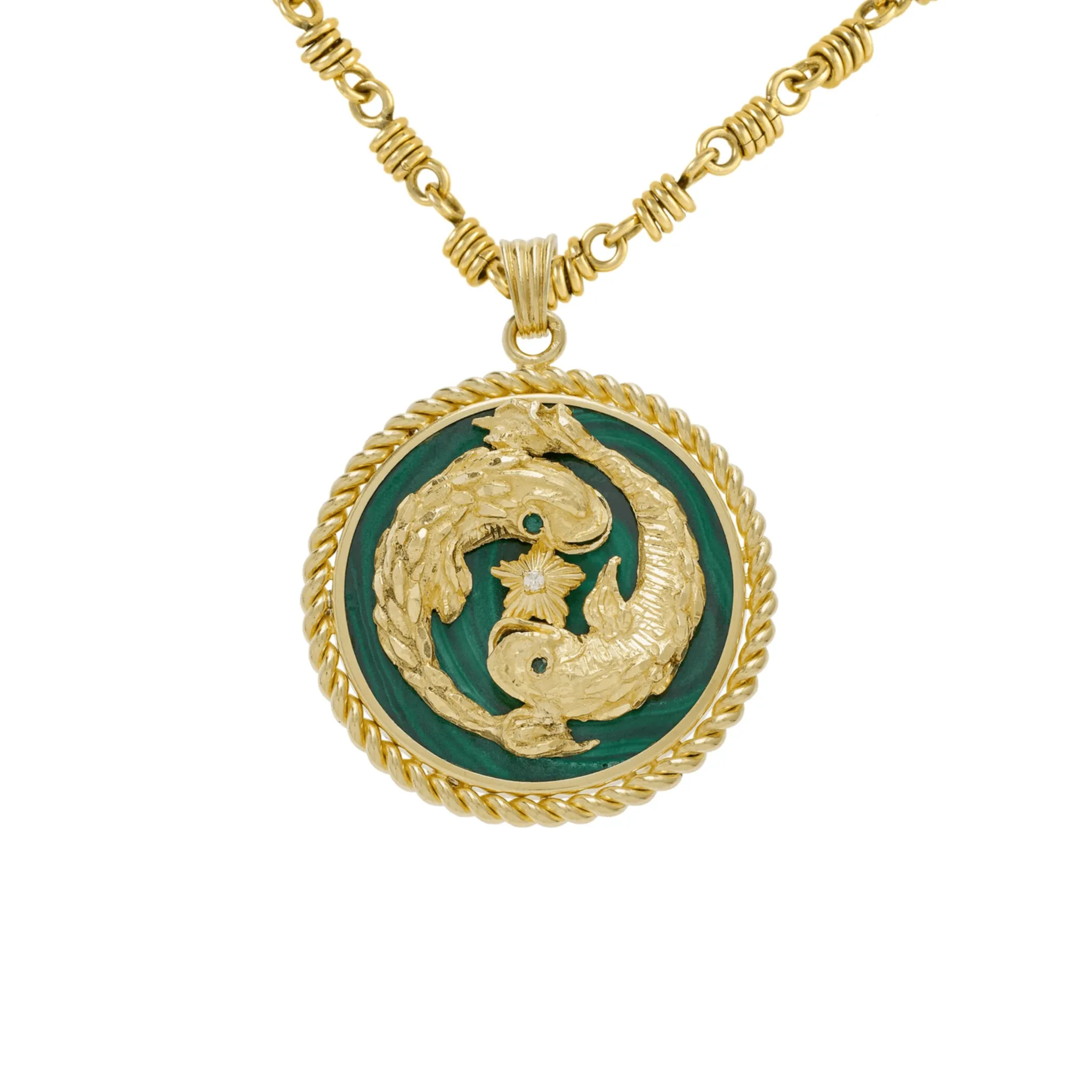 Van Cleef & Arpels French 1970s 18KT Yellow Gold Malachite, Diamond & Emerald Pisces Pendant Necklace