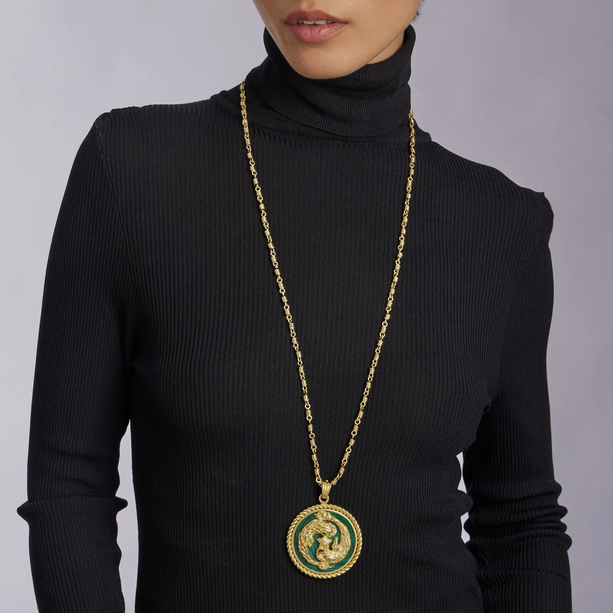 Van Cleef & Arpels French 1970s 18KT Yellow Gold Malachite, Diamond & Emerald Pisces Pendant Necklace