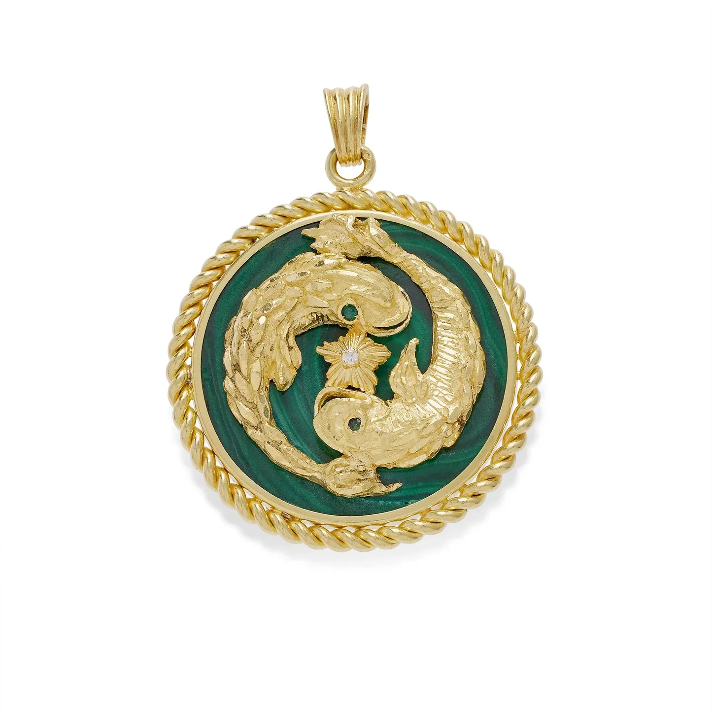 Van Cleef & Arpels French 1970s 18KT Yellow Gold Malachite, Diamond & Emerald Pisces Pendant Necklace