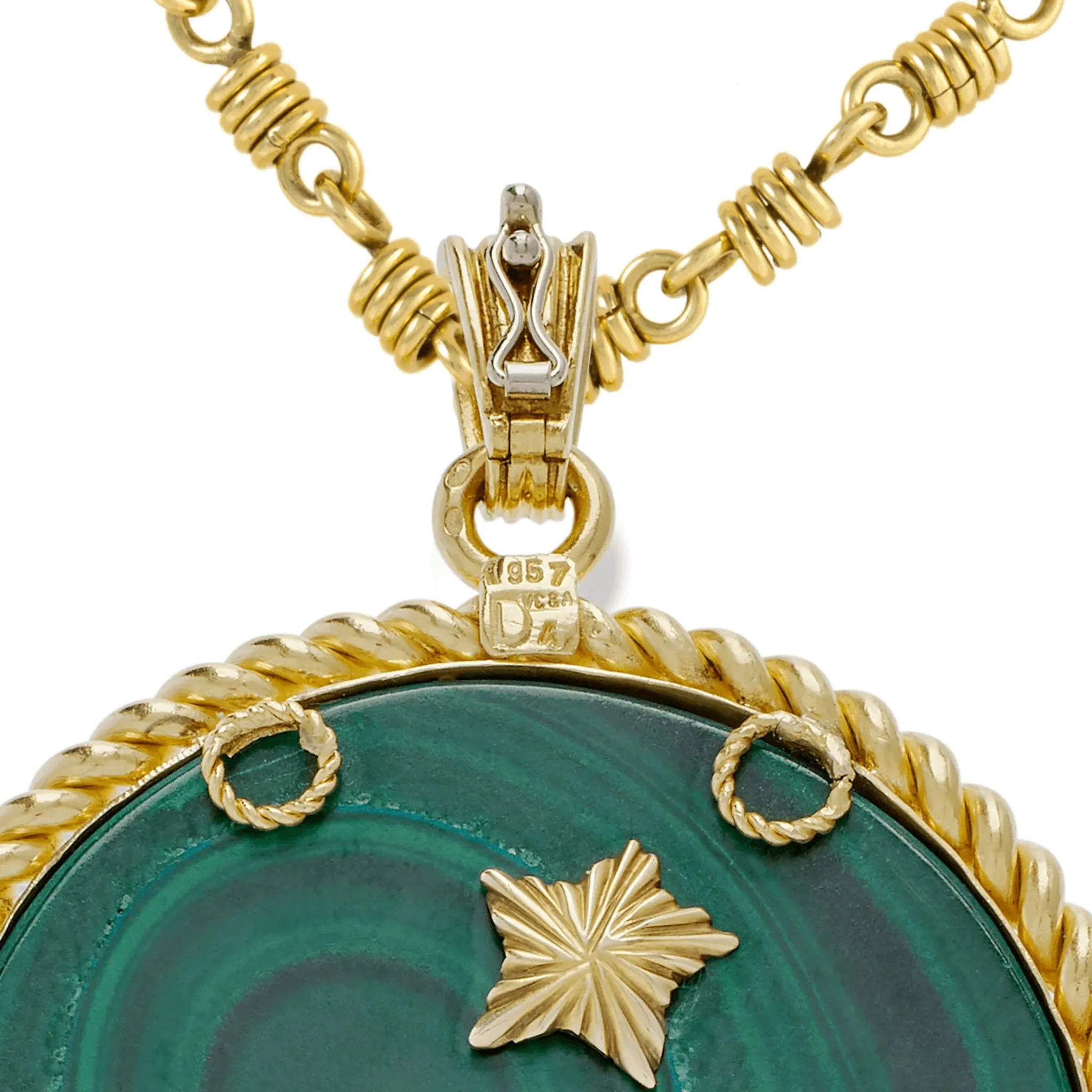 Van Cleef & Arpels French 1970s 18KT Yellow Gold Malachite, Diamond & Emerald Pisces Pendant Necklace