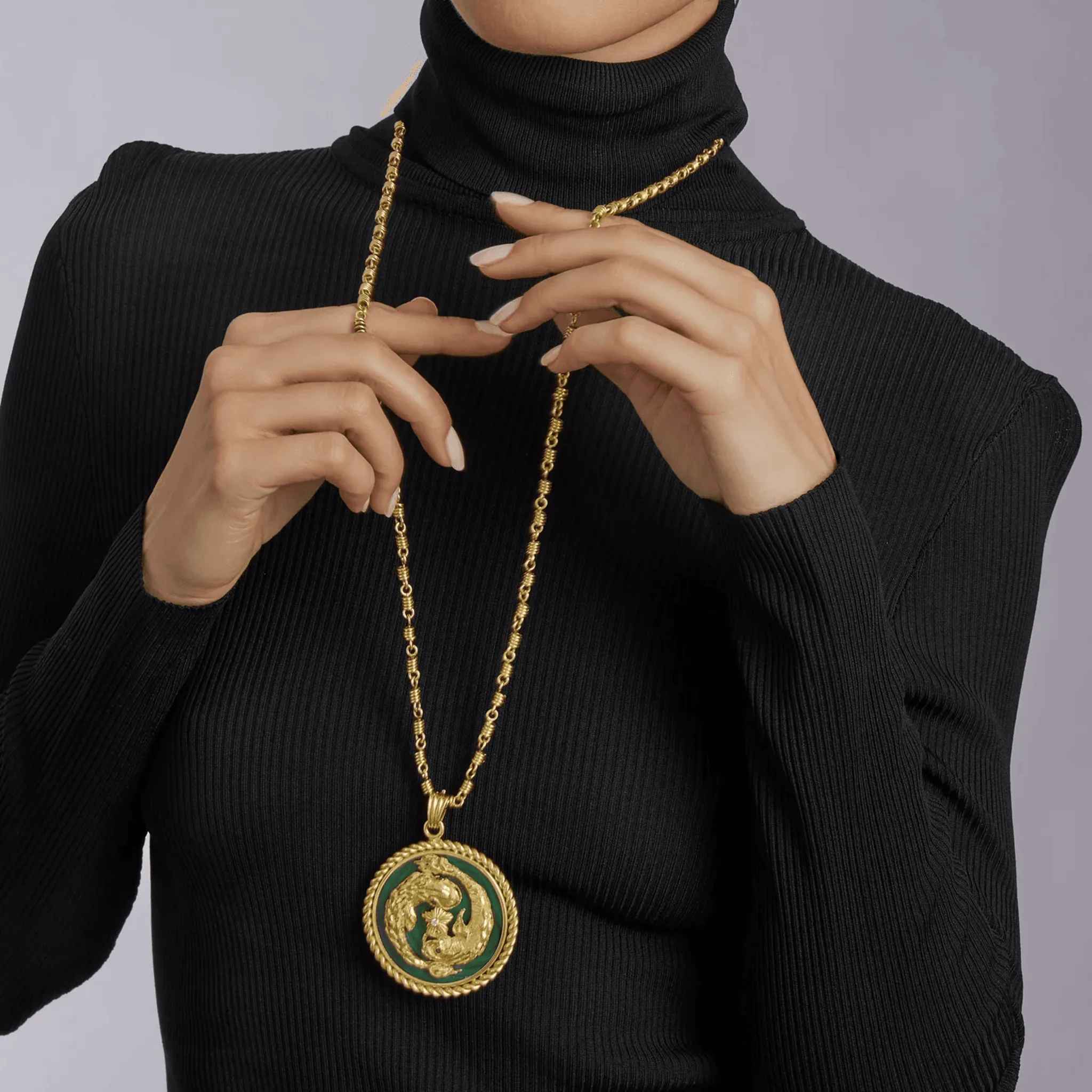 Van Cleef & Arpels French 1970s 18KT Yellow Gold Malachite, Diamond & Emerald Pisces Pendant Necklace
