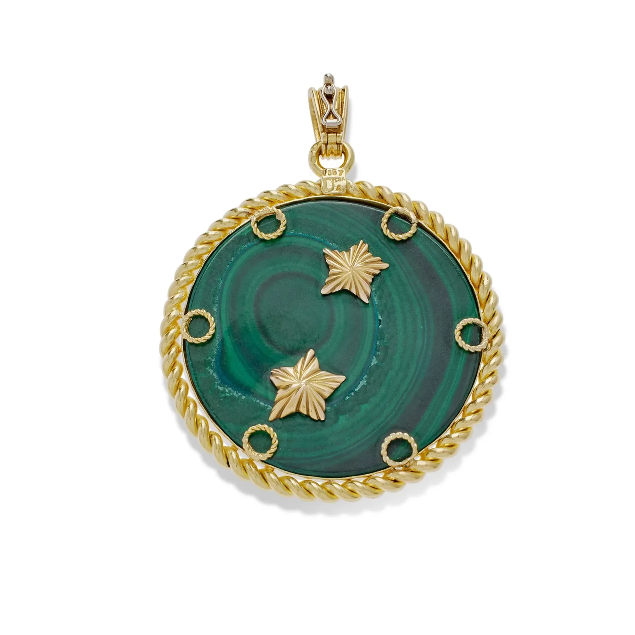 Van Cleef & Arpels French 1970s 18KT Yellow Gold Malachite, Diamond & Emerald Pisces Pendant Necklace