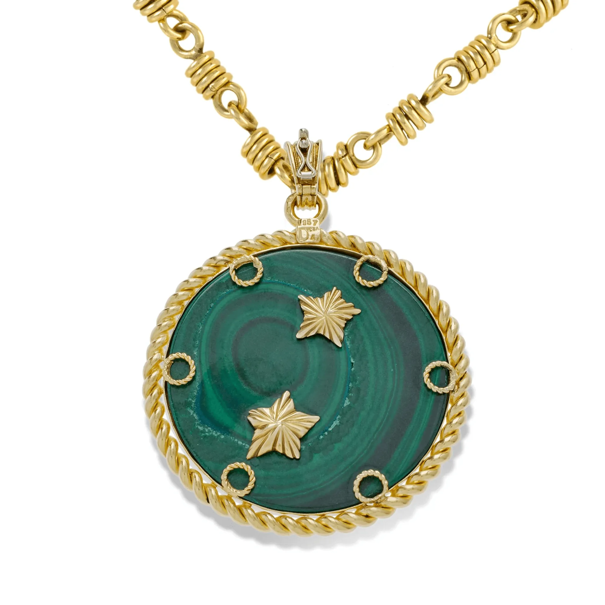 Van Cleef & Arpels French 1970s 18KT Yellow Gold Malachite, Diamond & Emerald Pisces Pendant Necklace