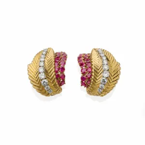 Van Cleef & Arpels Paris 1950s 18KT Yellow Gold Diamond & Ruby Earrings