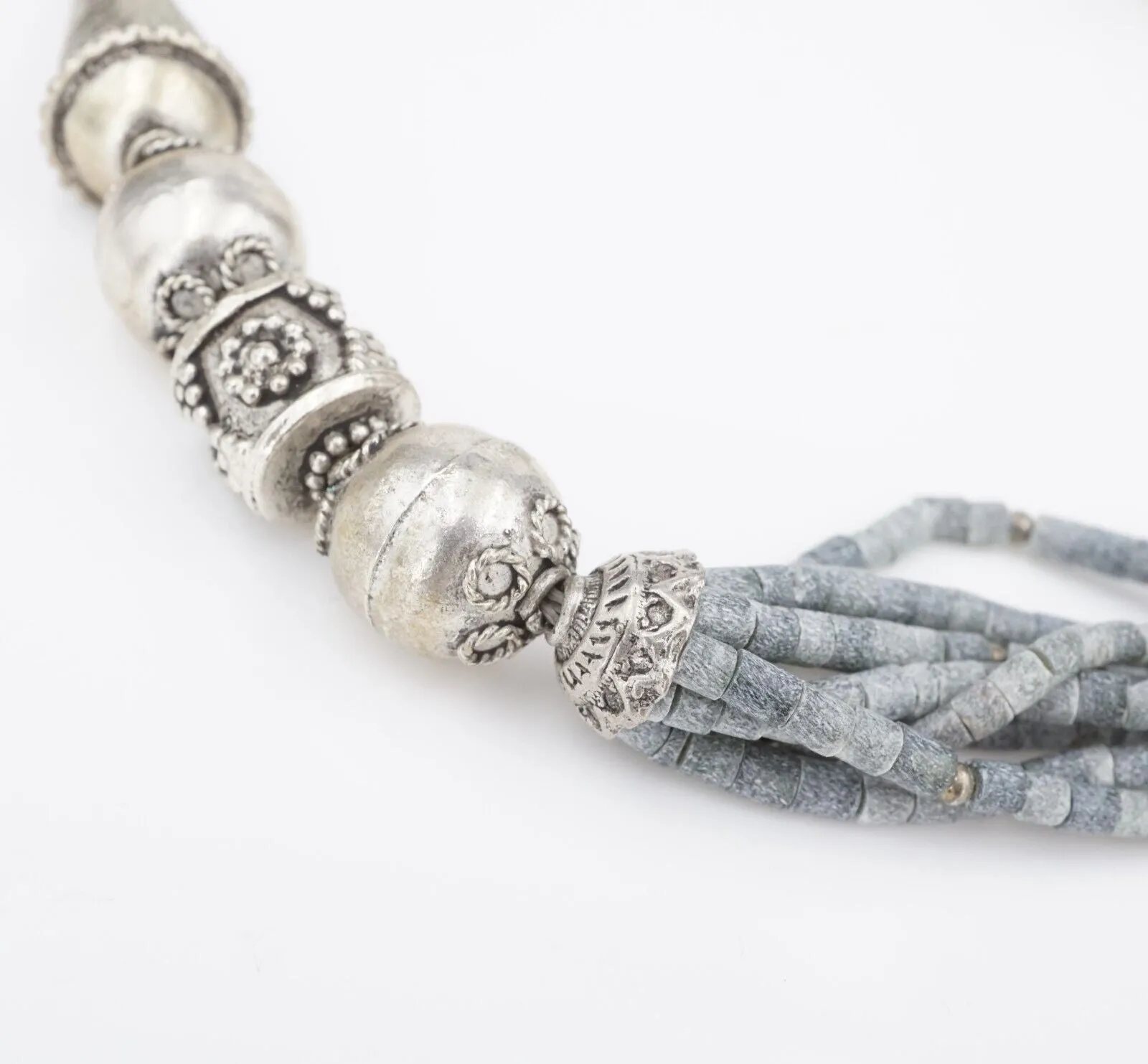 Vintage Tribal Necklace Sterling Silver Blue Gray Stone Bead Torsade 19" NS2080